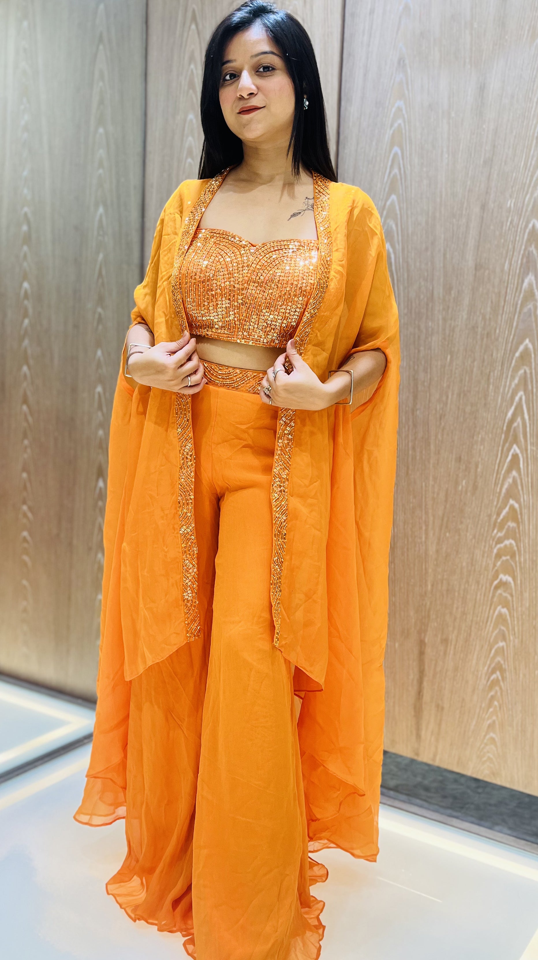 Yellow Color Georgette Hand Work Palazzo Choli With Shrug